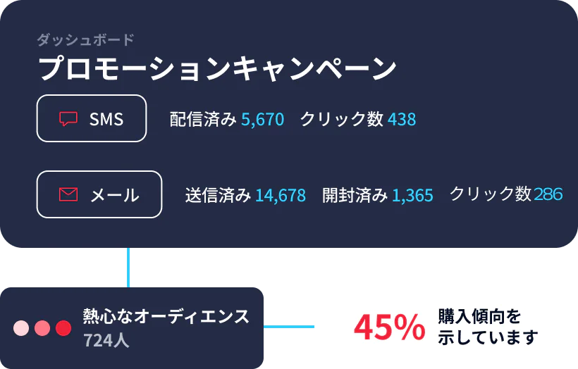 Promotional campaign dashboard showing SMS and Email metrics along with engaged audience and buying propensity.