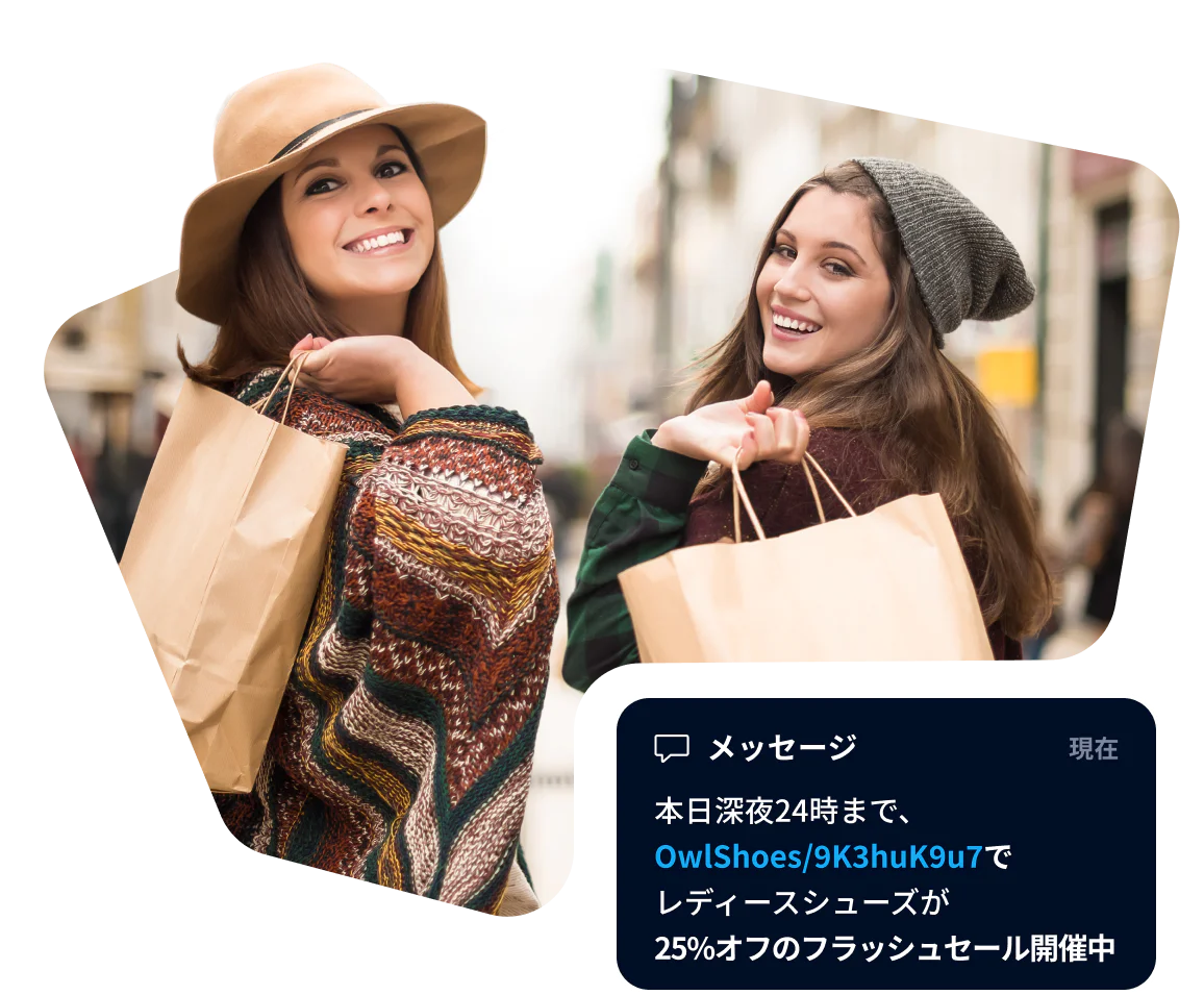 Two smiling women shopping with discount offer pop-up for women's shoes.