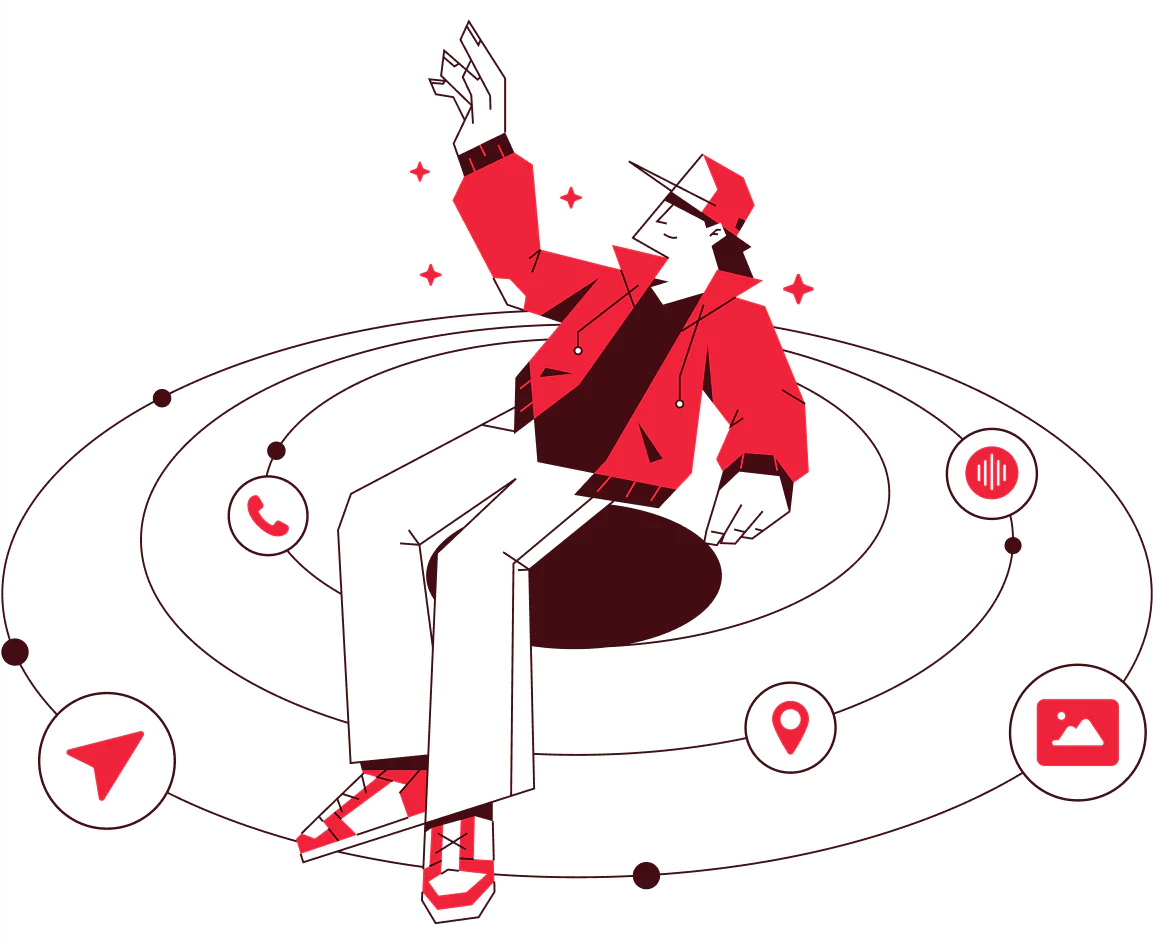 A person in a red jacket interacts with digital icons surrounded by connected lines.