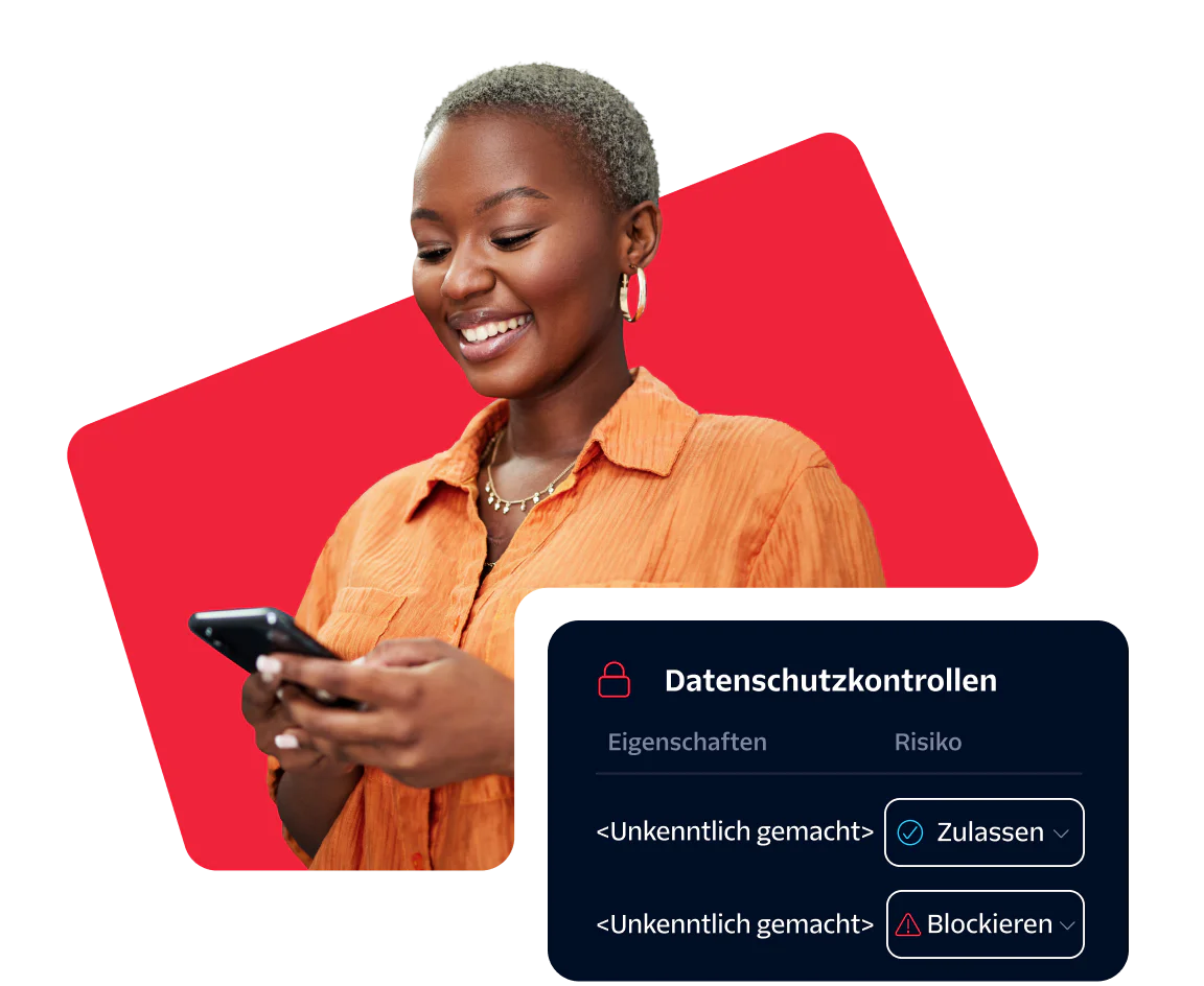 Smiling woman looking at her phone with privacy control options displayed on the screen.