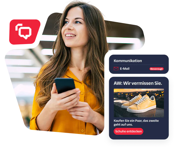 Smiling woman holding phone next to shoe ad with We miss you message.