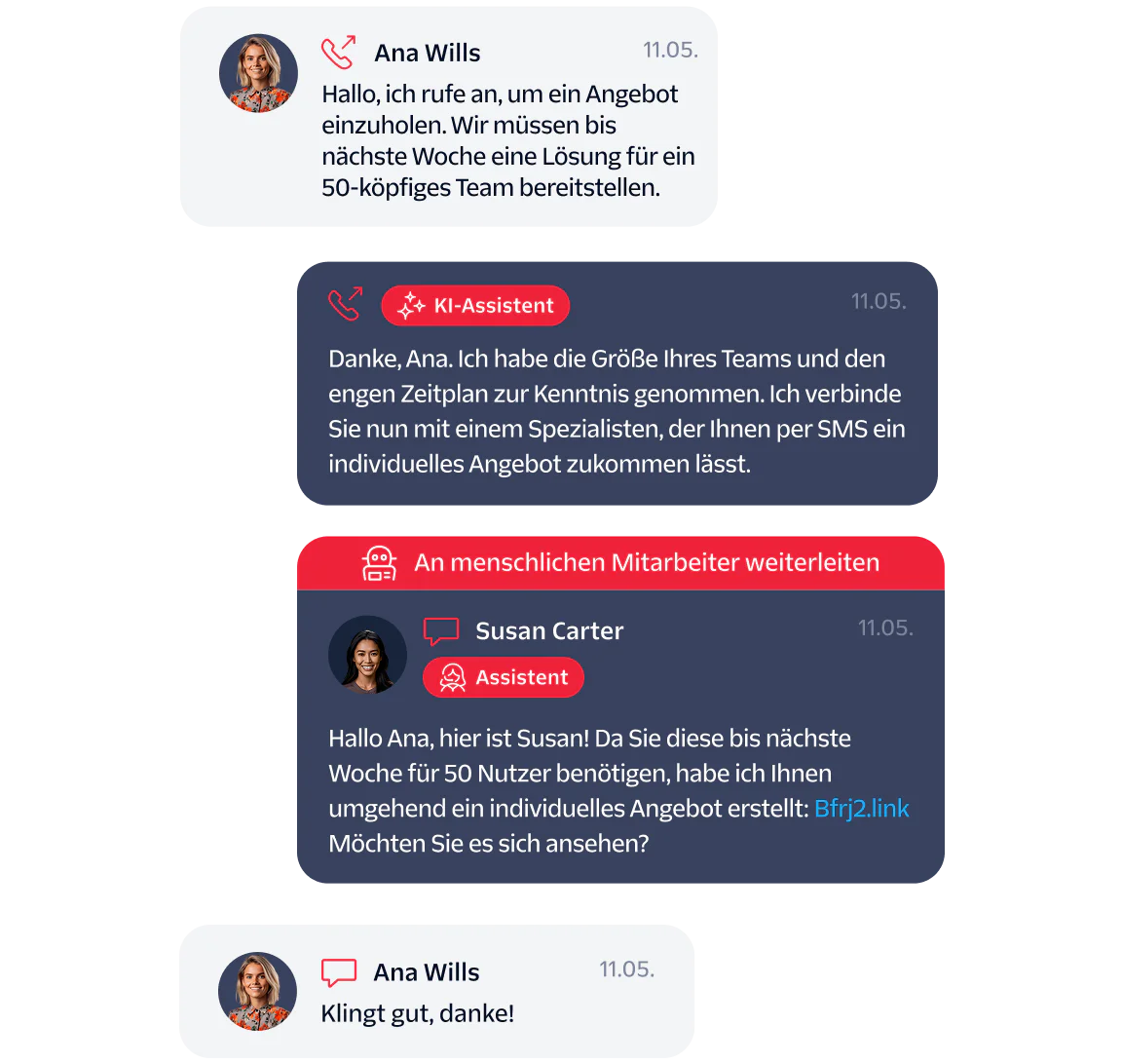 Chat between a customer, AI agent, and human agent discussing a solution for a 50-person team.