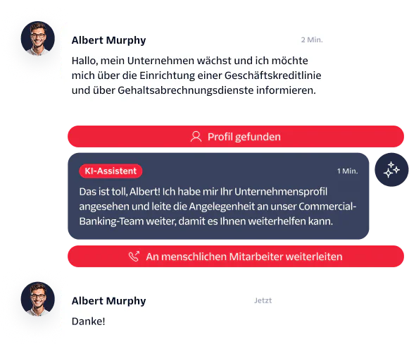 Chat exchange where Albert Murphy asks about business services, AI agent finds profile, then escalates to human agent.