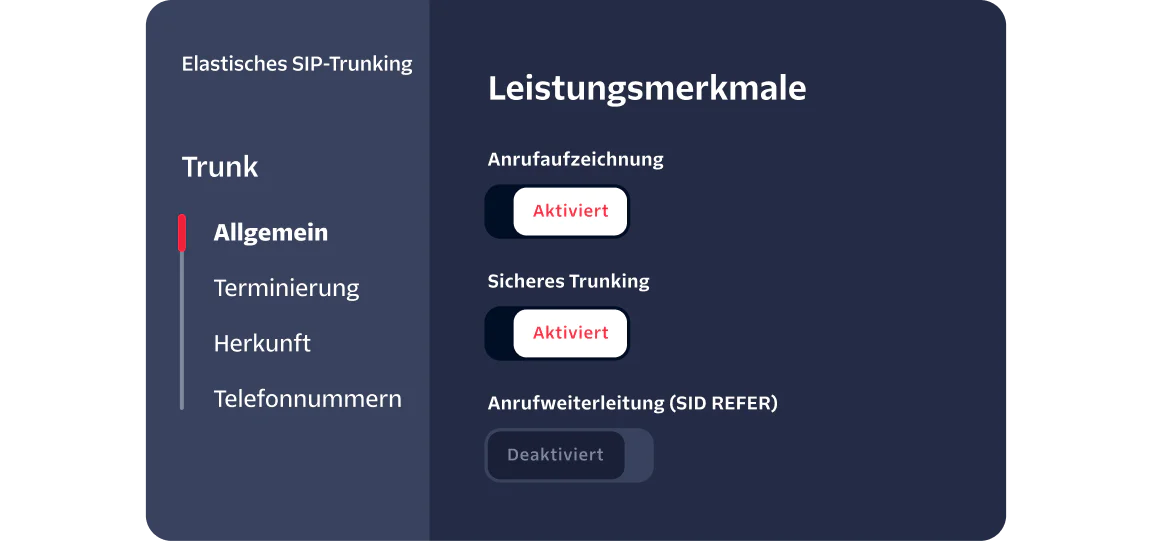 Dashboard displaying SIP trunking options with call recording and secure trunking enabled, and call transfer disabled.