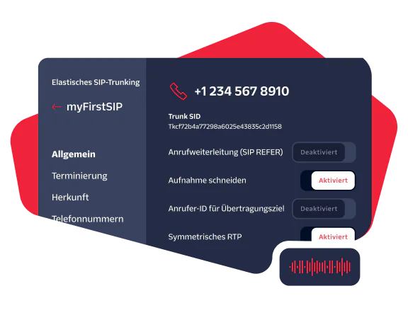 UI showing details of a SIP trunk configuration, with options for call transfer, recording, and symmetric RTP.