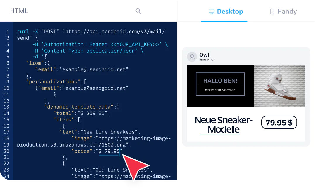 Screenshot showing HTML code for an email template promoting a new line of sneakers priced at $79.95 with example content.