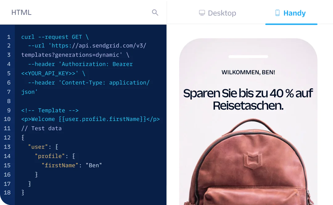 Code preview on the left and mobile app screen showing a welcome message and travel bags offer on the right.