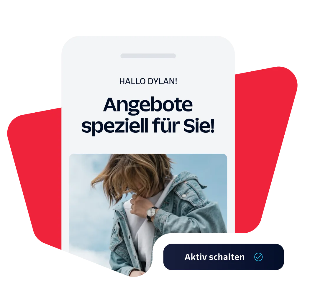 Personalized Offer Notification on Mobile Phone Smartphone screen displaying a personalized offer message with a person in a denim jacket.