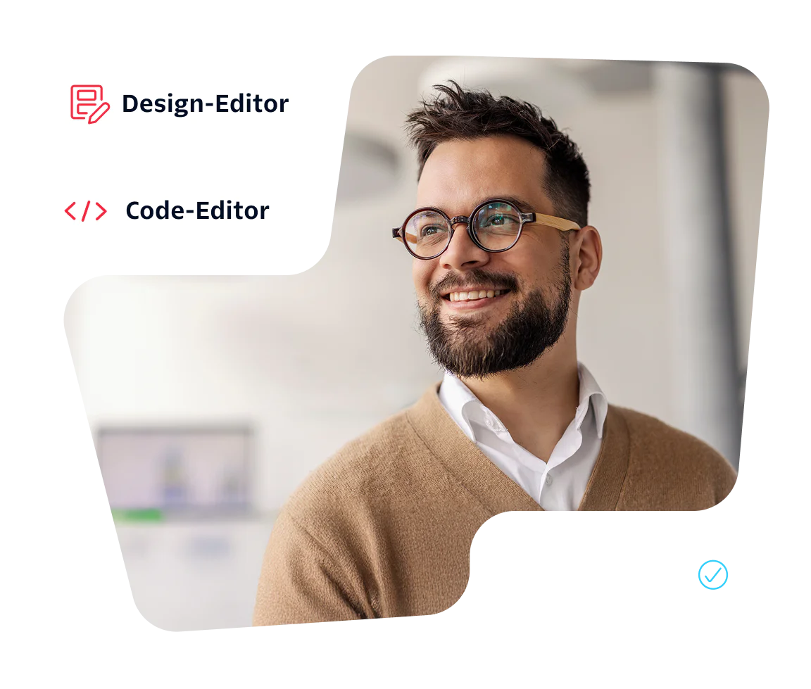 Smiling man with glasses, Design Editor and Code Editor buttons, Send Campaign button