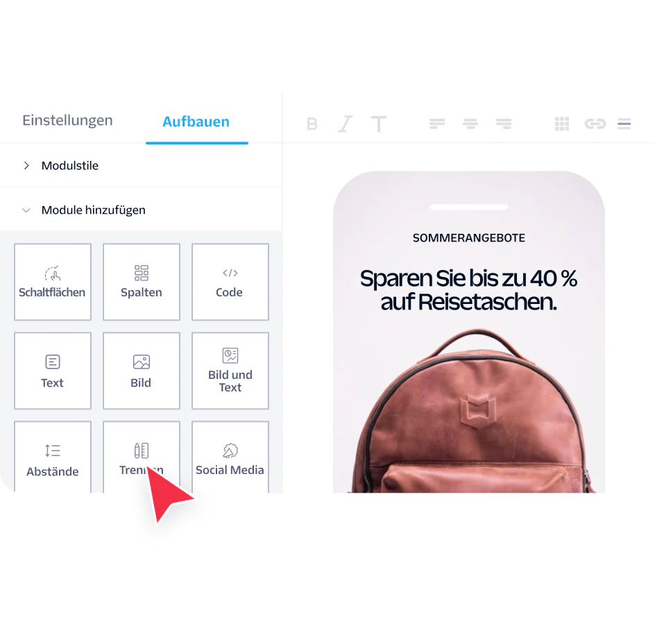 Email builder showing tools and a preview of a summer sale ad for travel season bags