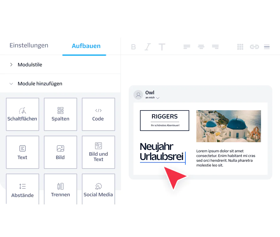 Screenshot of an email builder interface with settings and a New Year holiday travel advertisement design.