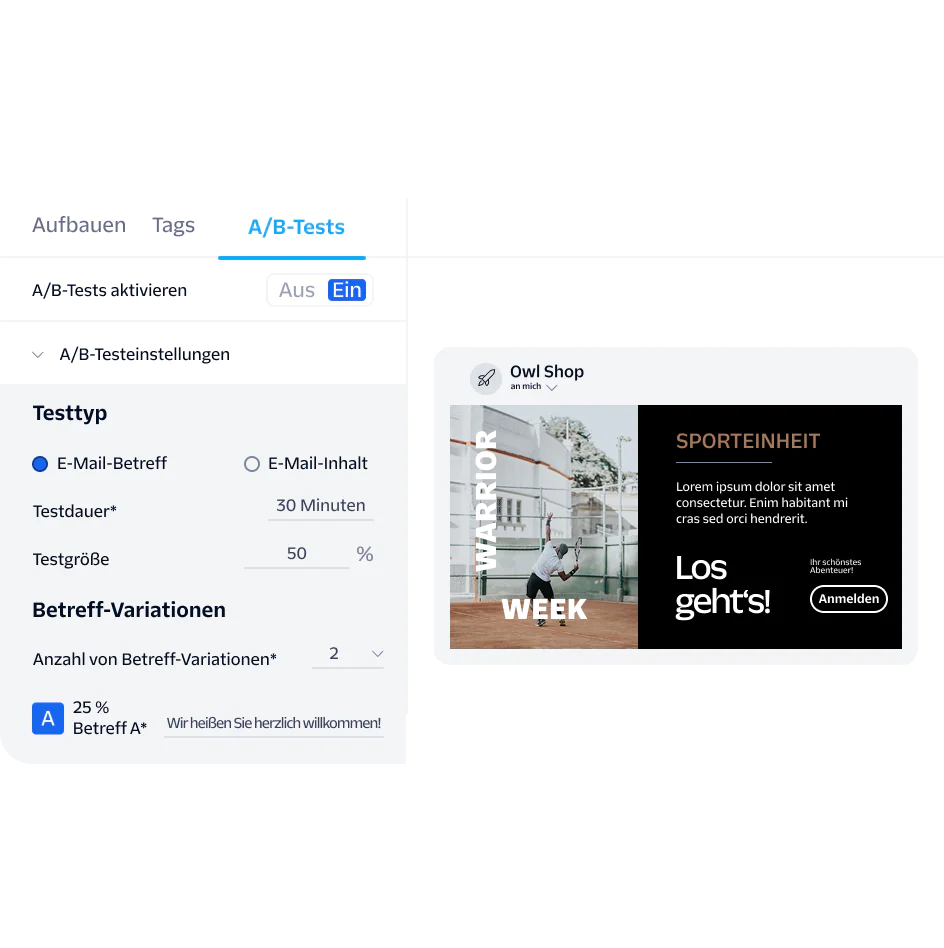 Marketing dashboard displaying A/B testing settings and email content preview for Owl Shop.