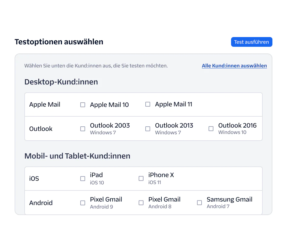 Interface for selecting desktop and mobile clients for testing software, including Apple Mail, Outlook, iOS, and Android.