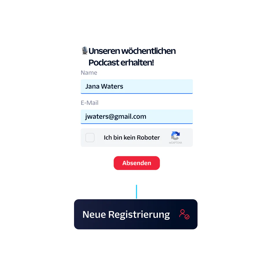Signup form for a weekly podcast with fields for name, email, and a captcha checkbox.