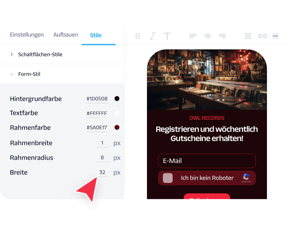 Web design tool interface showing style customization options for a form with a subscribe button.