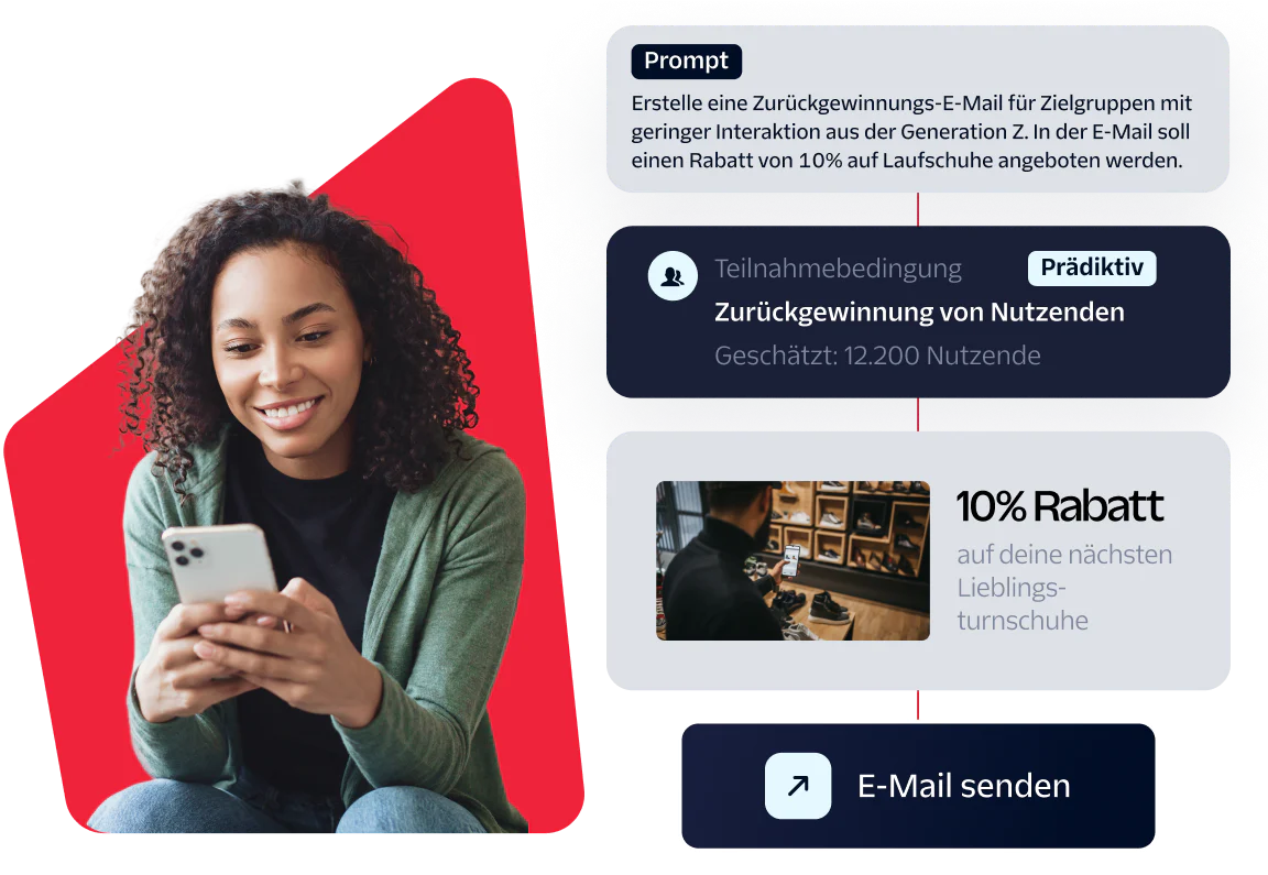 Email Campaign to Re-engage Gen Z with 10% Discount on Sneakers Woman looking at phone with prompt and promotional email components.