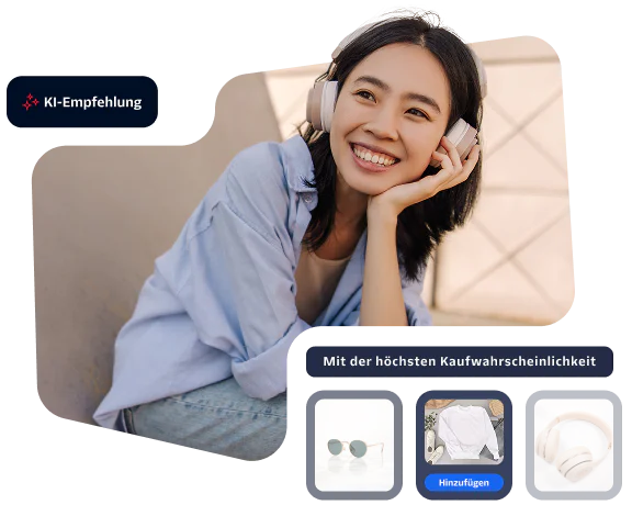 Woman in blue shirt wearing headphones and AI recommending sunglasses, shirt, and more headphones.