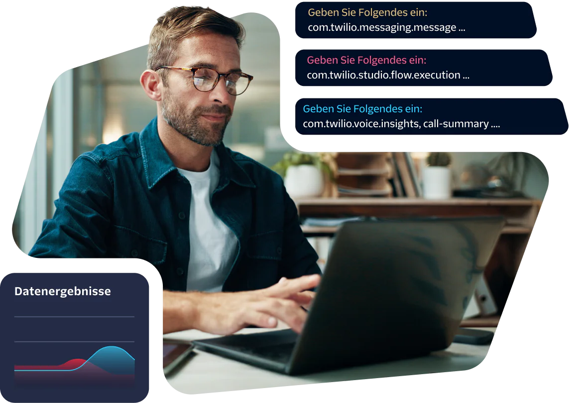 Man with glasses working on a laptop displaying Twilio API data results charts.