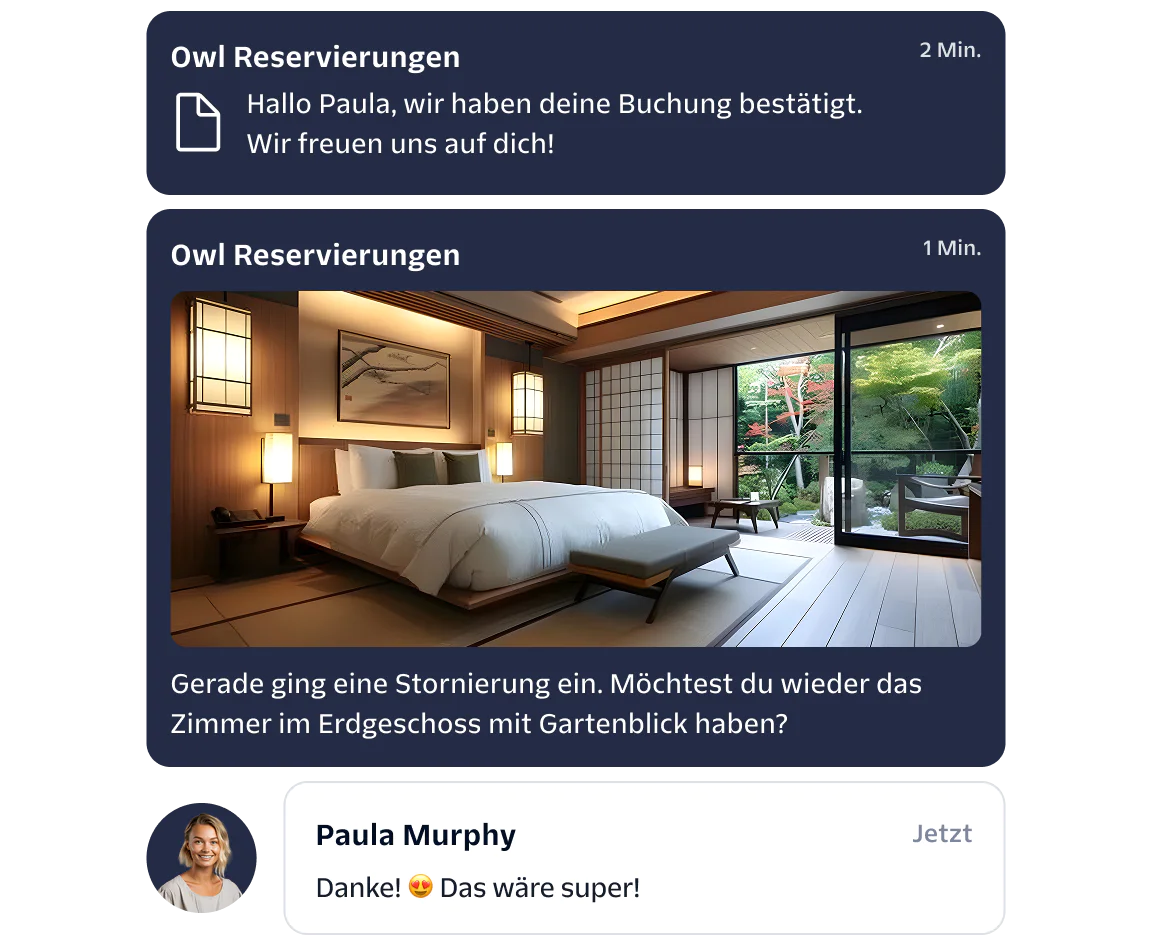 Hotel booking confirmation and room preference messages with a photo of a Japanese-style room, and a customer reply.