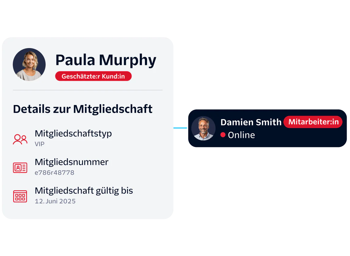 Customer profile with membership details and connection to a support agent.