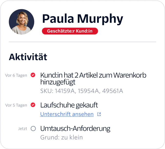 A dashboard showing Paula Murphy's recent shopping activity and her status as a highly valued customer.