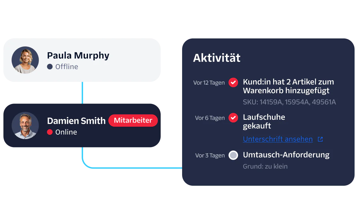 Dashboard displaying user status, recent activities, and an agent's online availability.