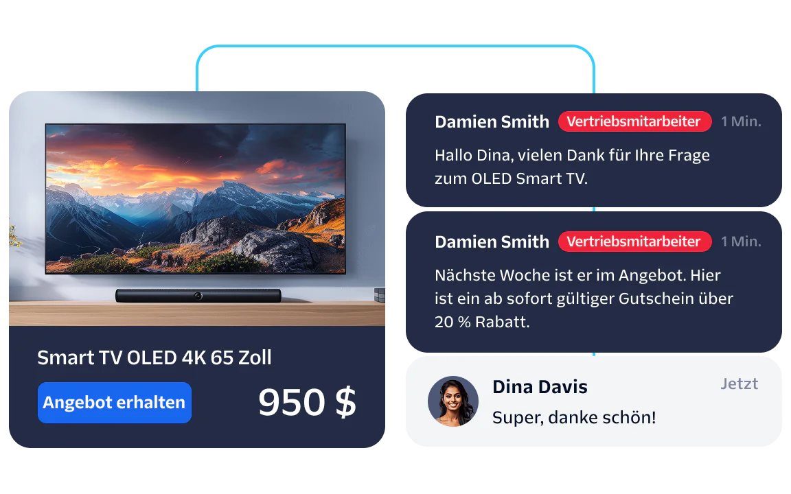 Sales rep chats with customer about a $950 Smart TV OLED 4K 65 offer.