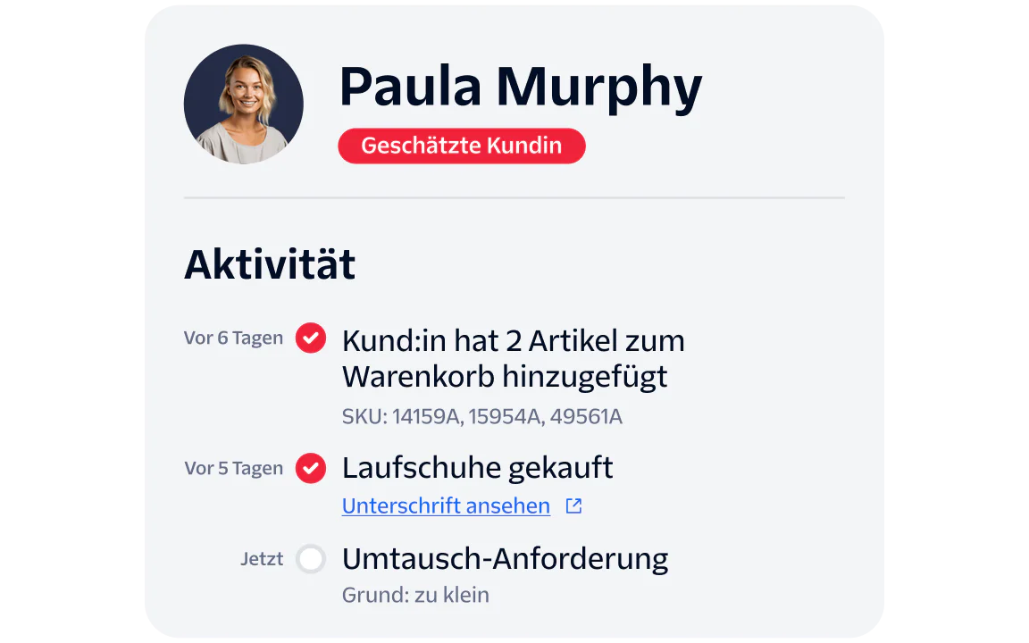 Profile of Paula Murphy showing recent shopping activities and an exchange request.