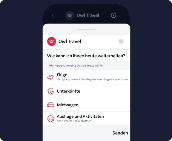 Owl Travel app screen with options for flights, accommodations, car rentals, and tours.