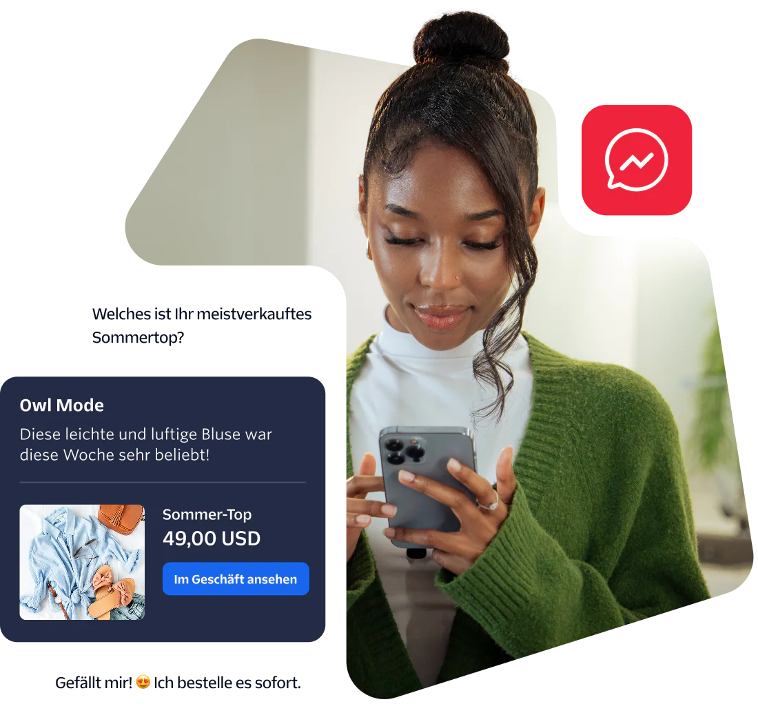 Woman wearing green cardigan browsing online store on phone with shopping messages around her.