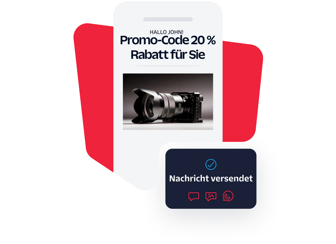 Smartphone displaying a promo code for camera equipment Phone screen showing a promo code for 20% off camera gear and confirmation message bubble stating Message sent