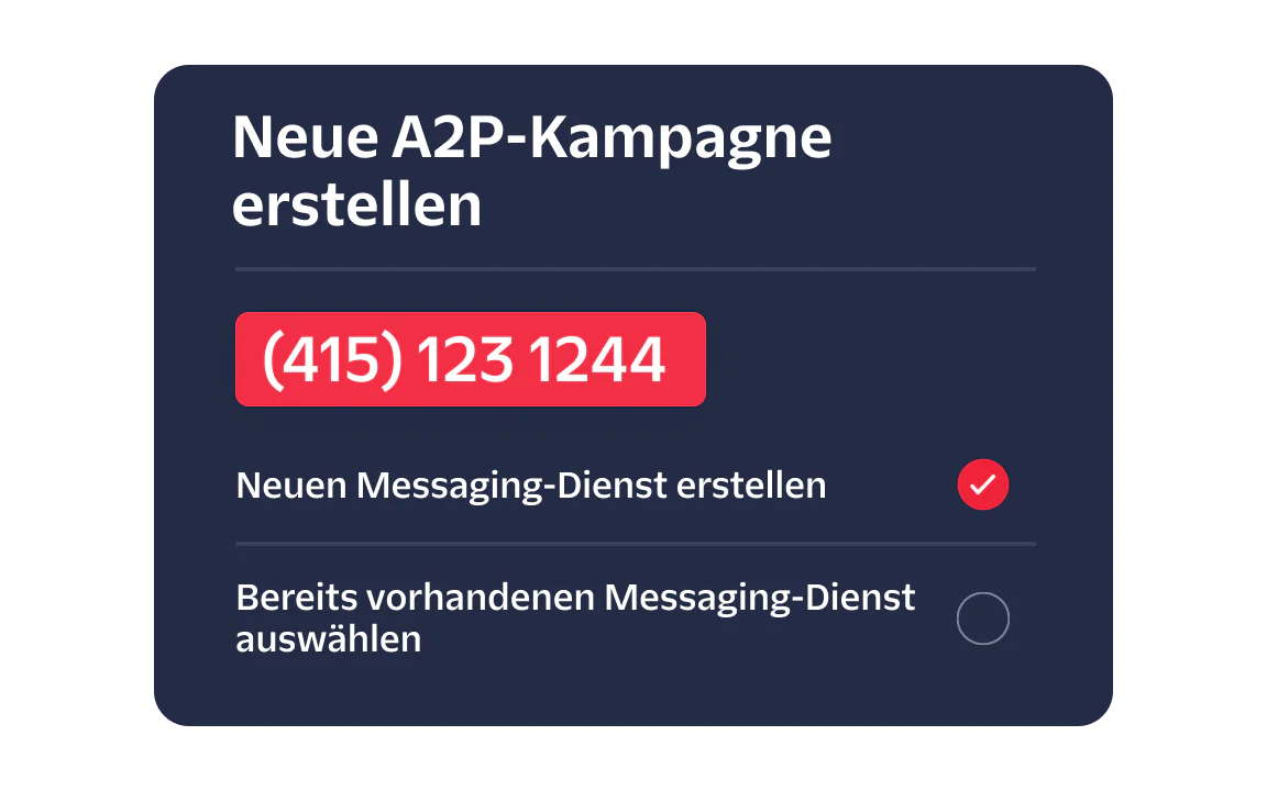 Interface for creating a new A2P campaign with an option to create or select a messaging service
