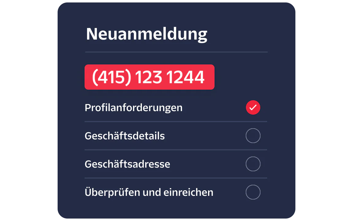 A registration form showing profile needs completed, business details, address, and review steps pending.