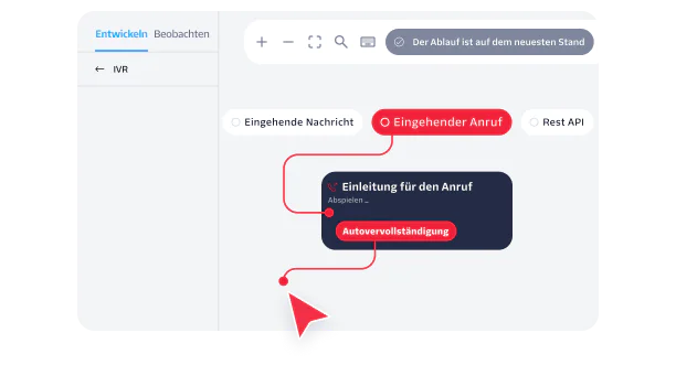 Software interface showing an IVR system design with options for incoming messages, calls, and API actions.