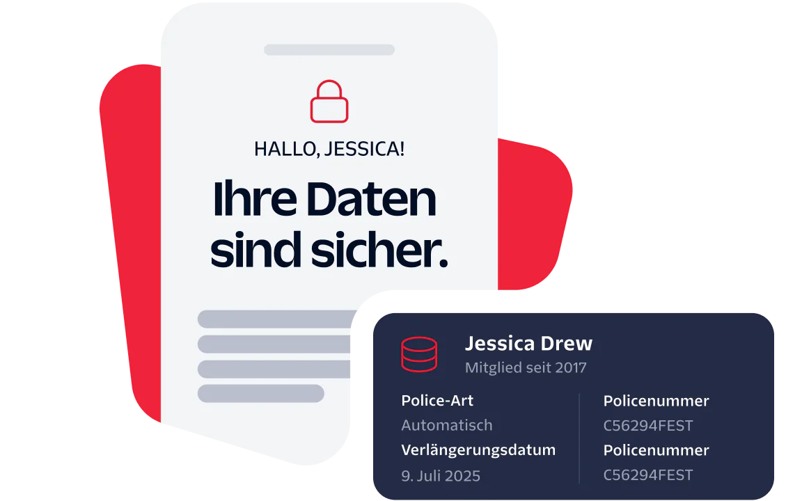 Secure Data Notification for Jessica Drew A digital card notifies Jessica Drew that her data is secured with policy details and renewal date.