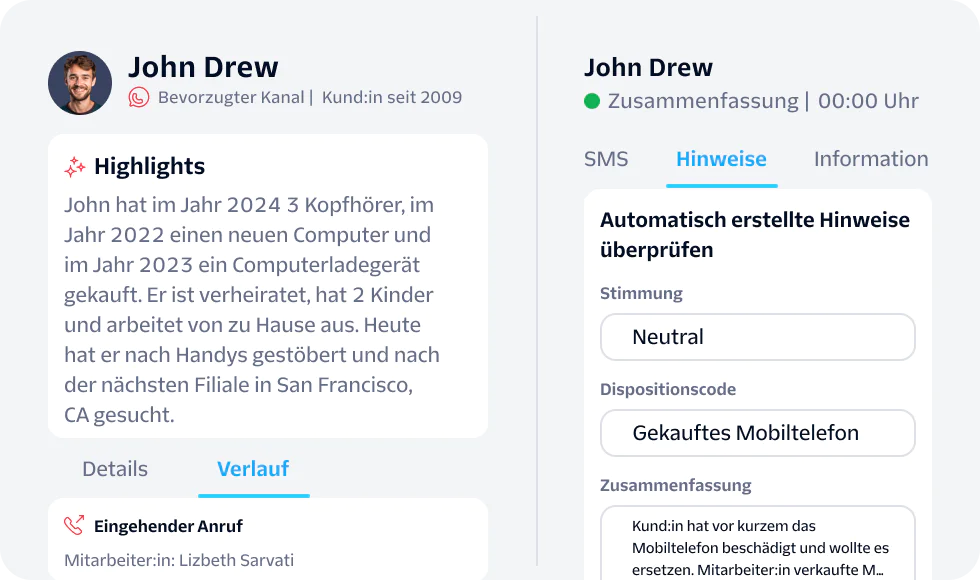 Profile information and interaction history for customer John Drew, showing recent purchases and agent notes.