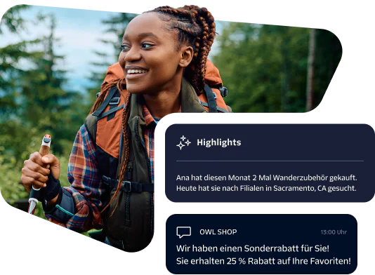 Woman with braided hair hiking and promotional messages about hiking accessories and special discount