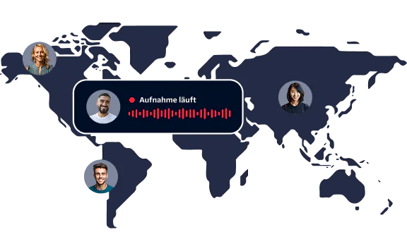 World map with diverse individuals connected via a voice recording interface indicating a conference in progress.