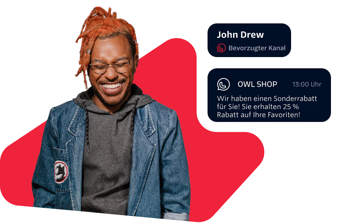 Man Enjoying a Discount Offer Notification Smiling man with dreadlocks receiving a 25% discount message from Owl Shop.