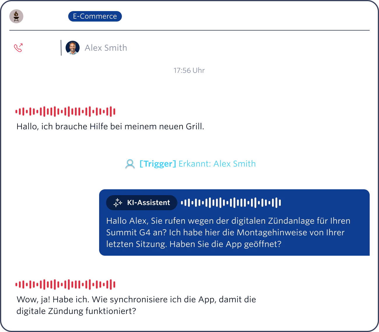 Chat interface showing conversation between customer Alex Smith and AI agent about Summit G4 Grill setup.