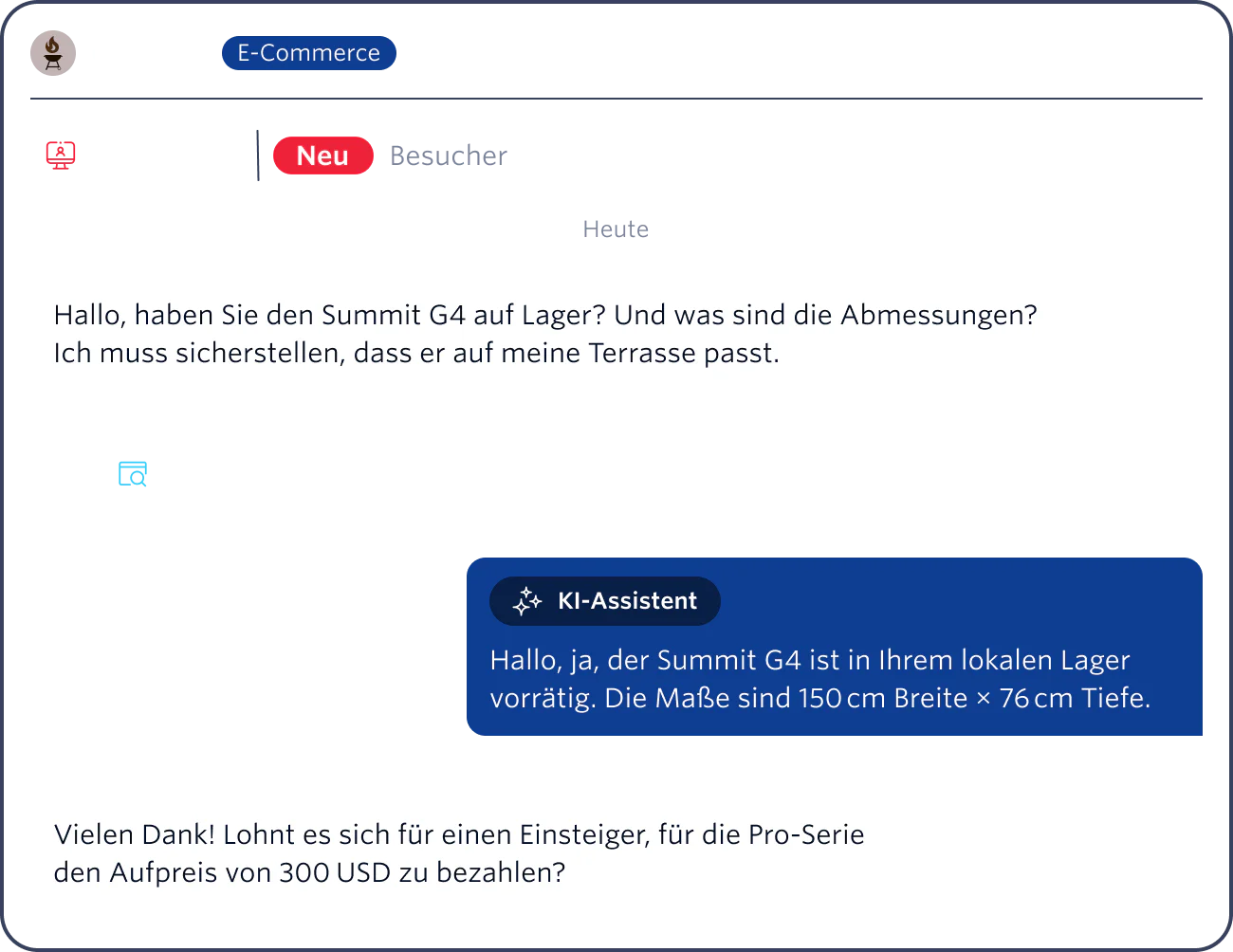 Web chat showing a customer inquiring about the dimensions of the Summit G4 grill and an AI assistant responding.