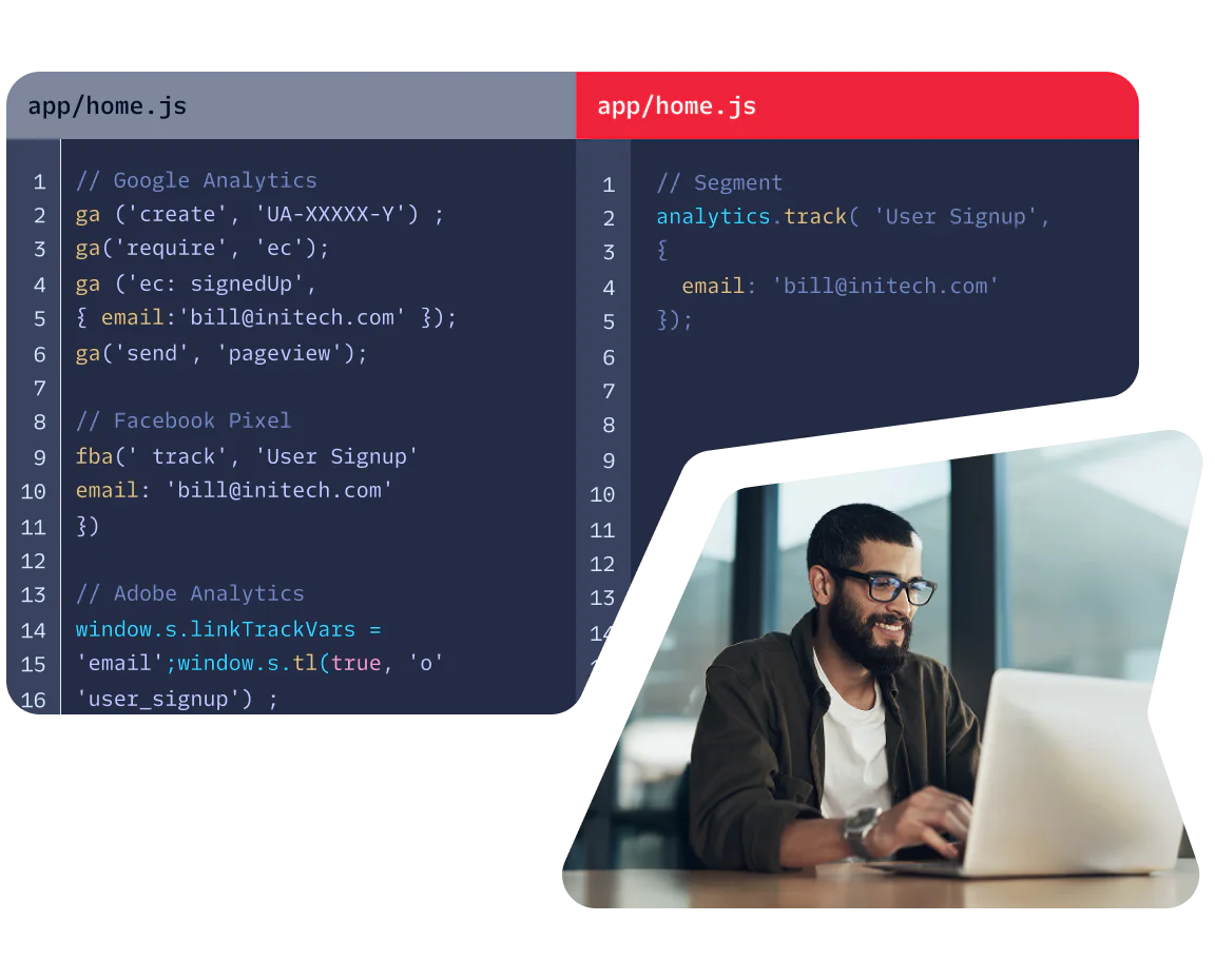 A developer writing analytics code in a JavaScript file with different integrations.