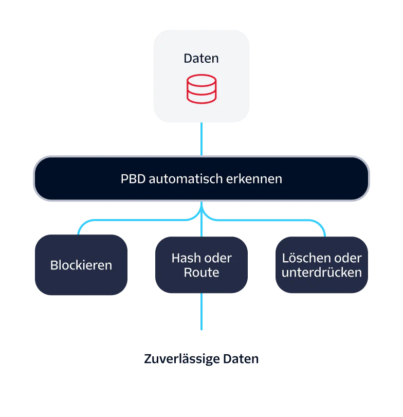 Diagram showing a data flow with auto PII detection leading to block, hash or route, and delete or suppress actions