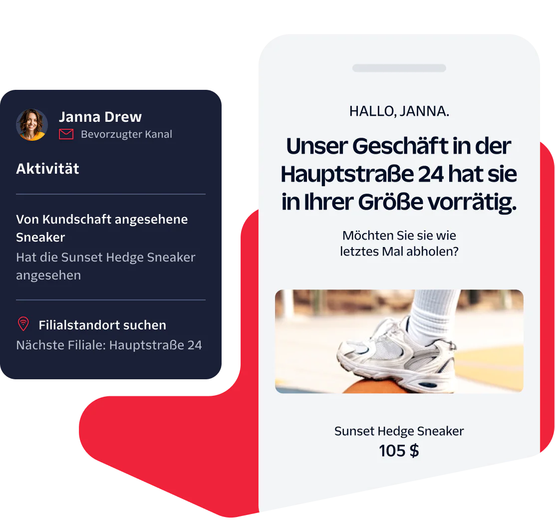 Mobile notification showing customer activity details and recommending shoes based on location and preferences.