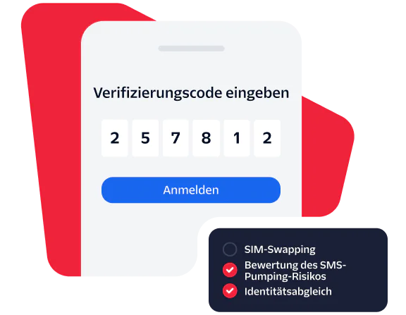 Screenshot of a verification code entry screen with security feature indicators for SIM swap, SMS pumping risk, and identity match.