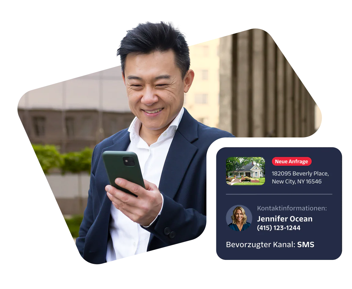 Man smiling while looking at his smartphone, real estate inquiry details in a box beside him.