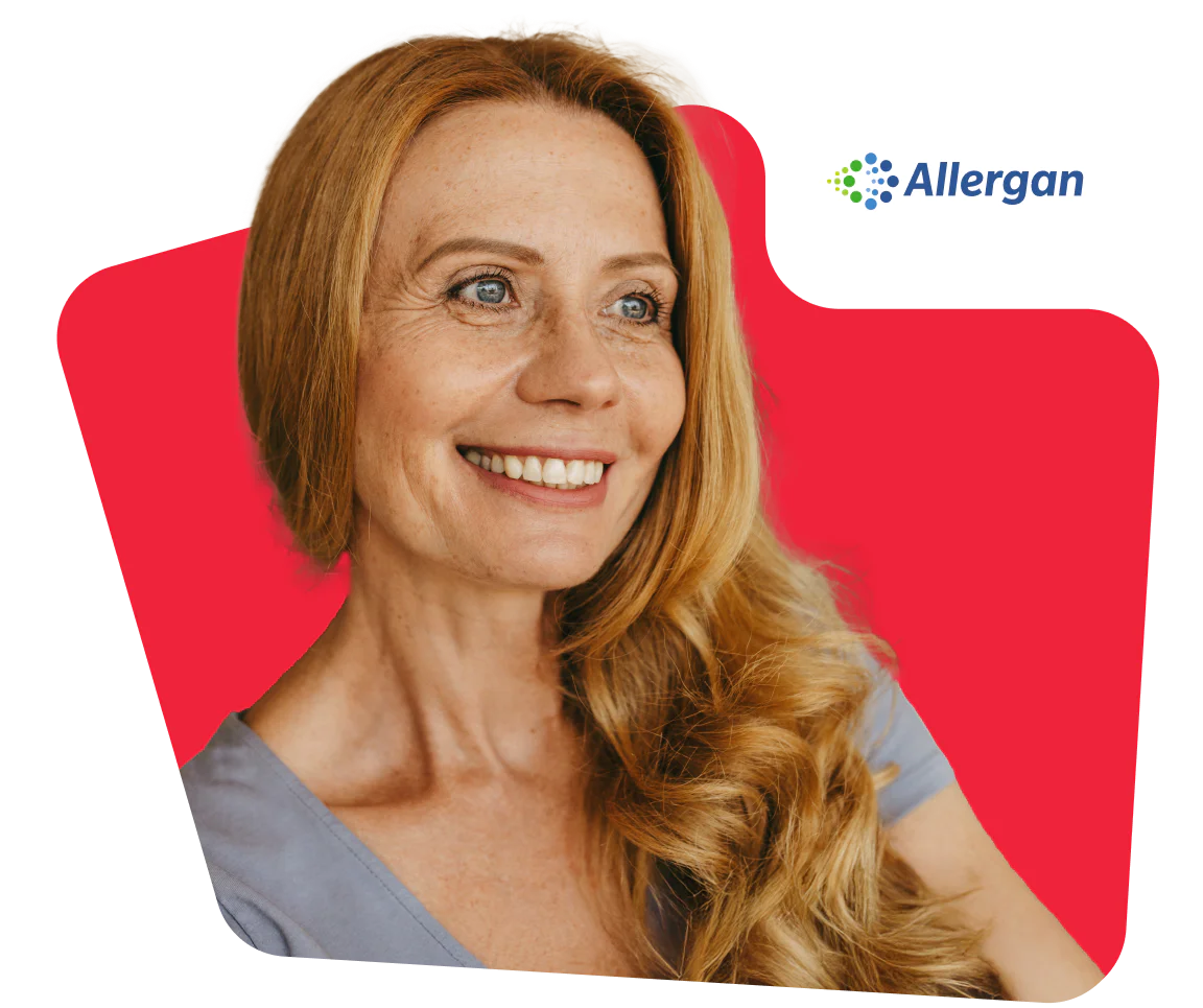 Smiling woman with blonde hair in front of a red background with Allergan logo in the top right corner.