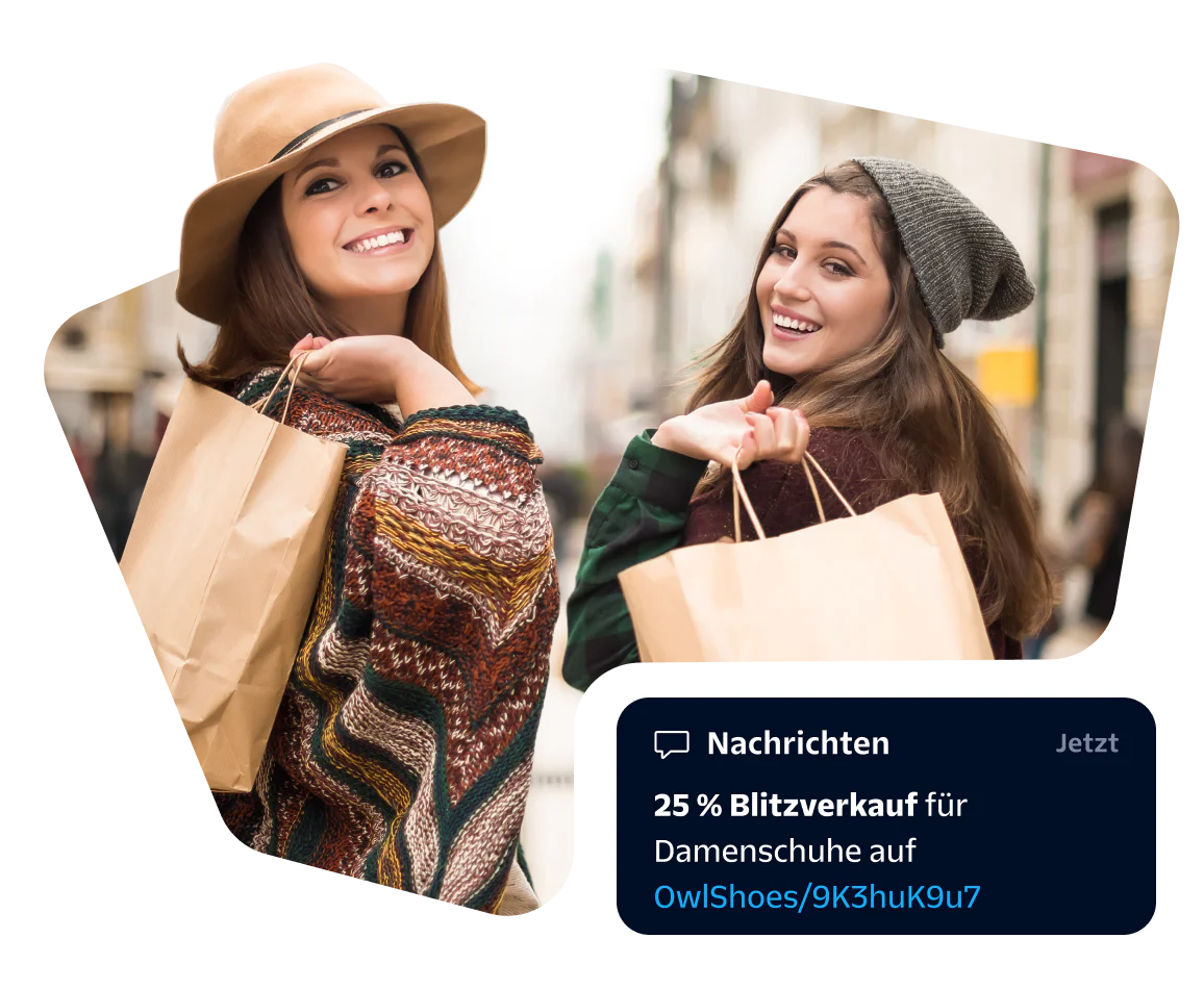 Two smiling women shopping with discount offer pop-up for women's shoes.
