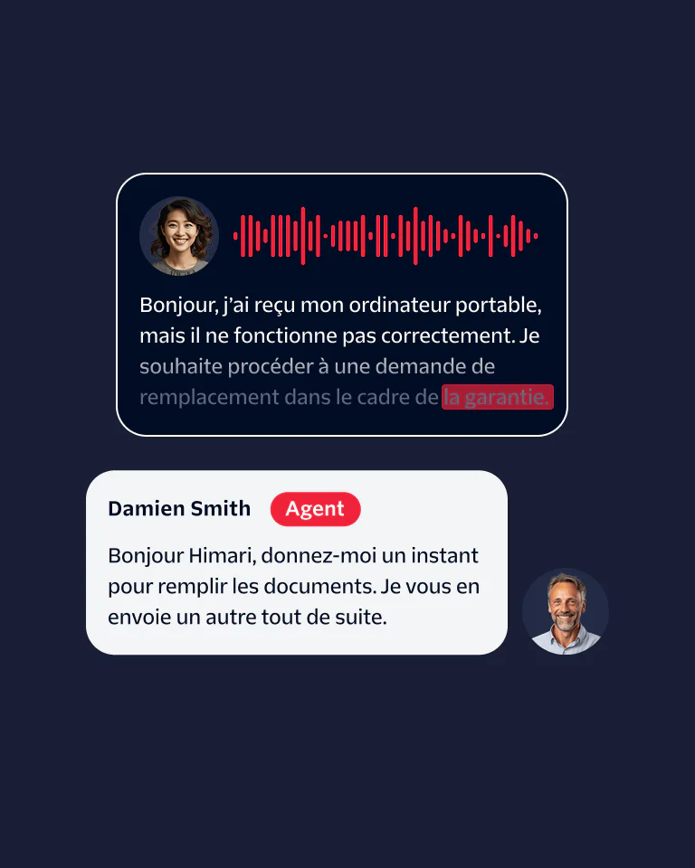 Chat interface where a customer reports a laptop issue and a support agent processes a warranty replacement.