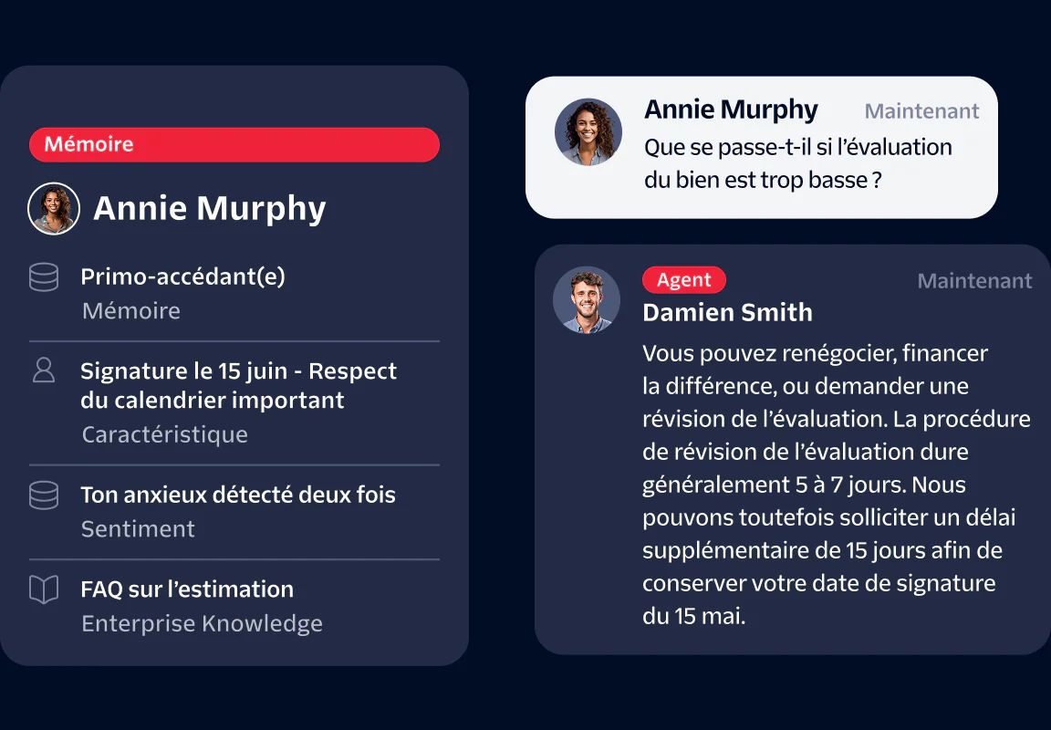 Chat interface showing conversation between an agent and a user with profile details and message history.